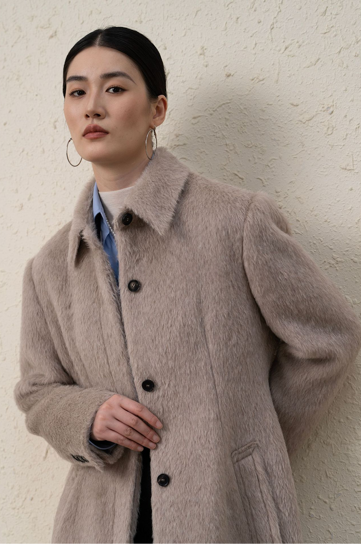 Suri Alpaca & Merino Wool Buttoned Shearling Long Coat