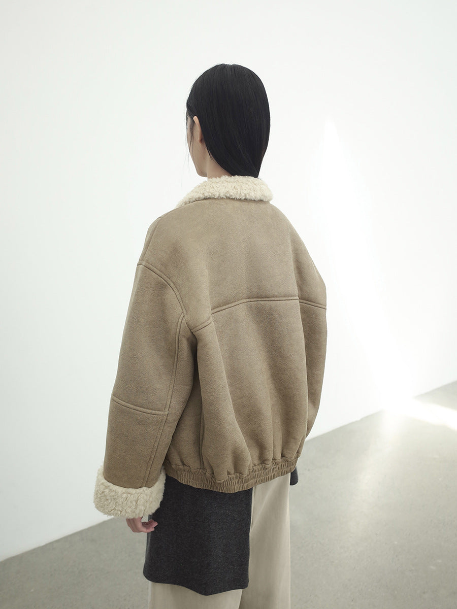 Love and Nancy Thirteen Lines Minimalist Winter Vintage Bane Style Wool Collar Patchwork Thickened Warm Fur Integrated 03511