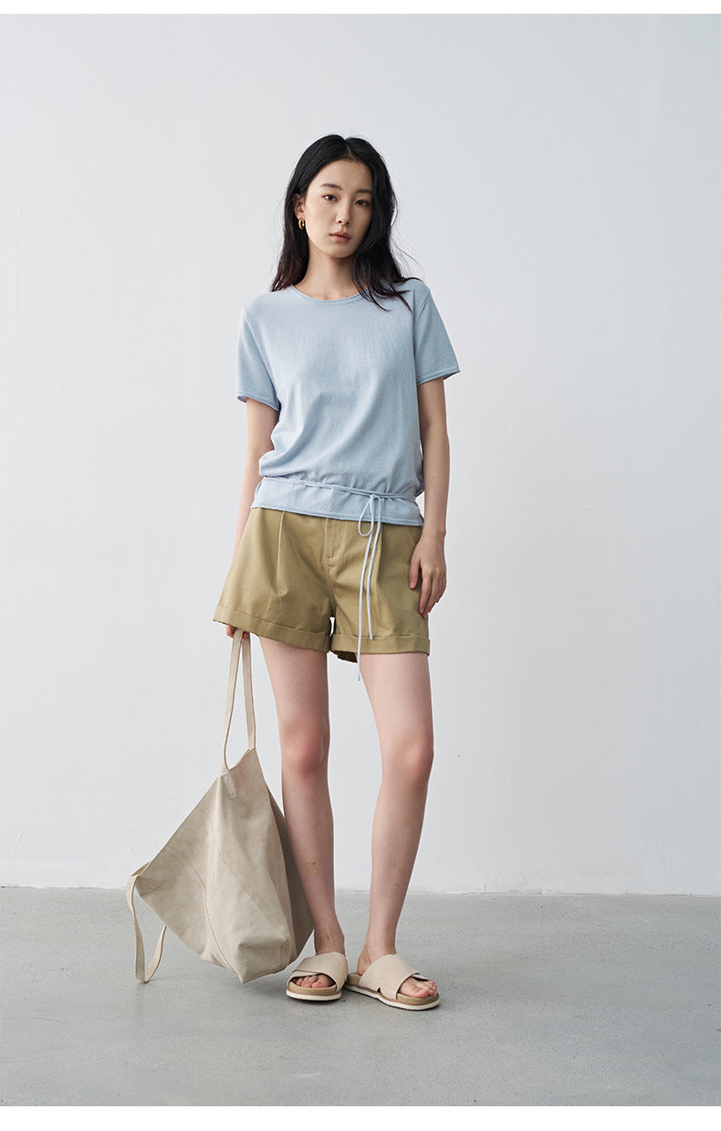 Pleated Mid-rise Rolled Edge Straight Leg Shorts