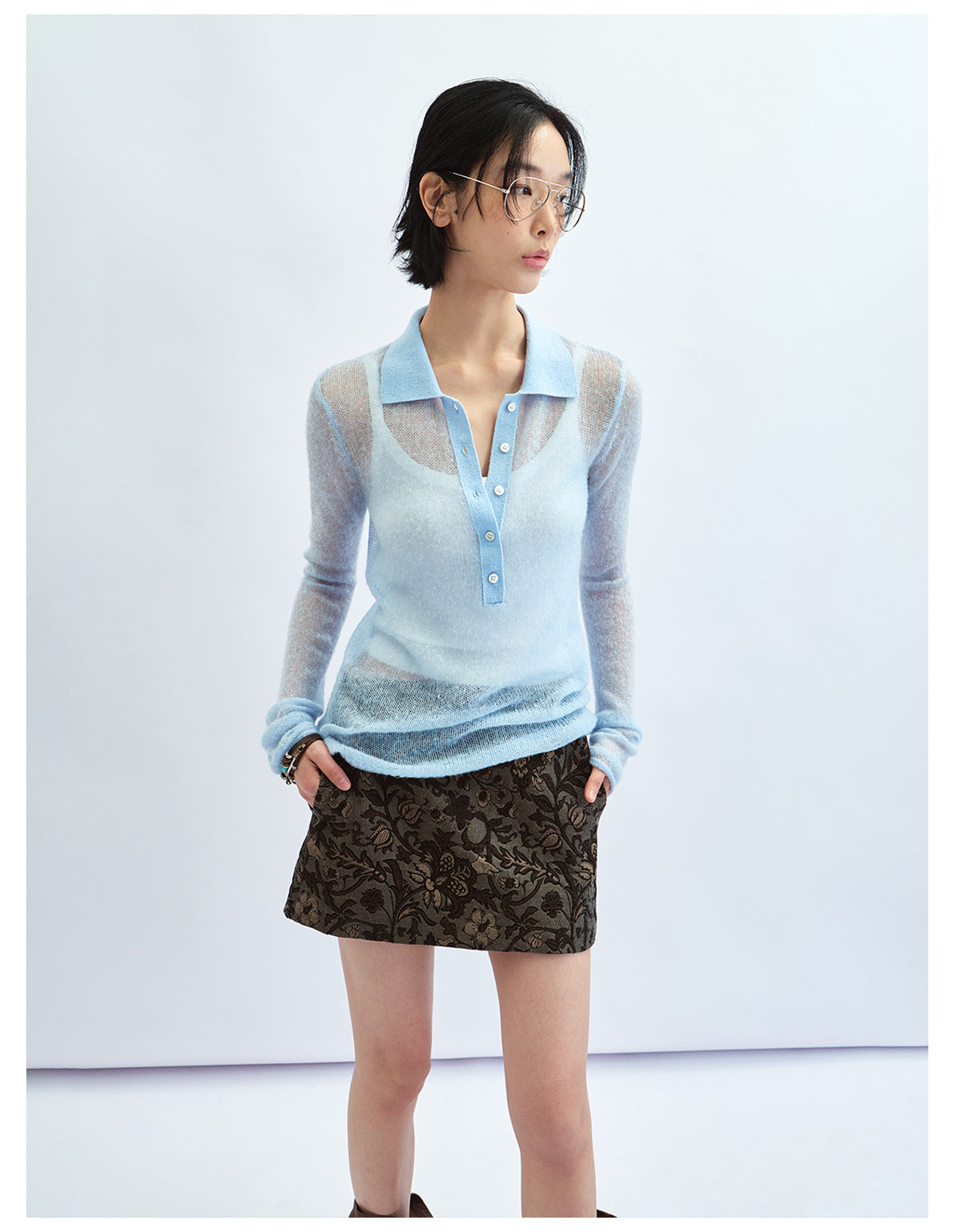 Sheer Layering Polo Collar Wool Knit Top