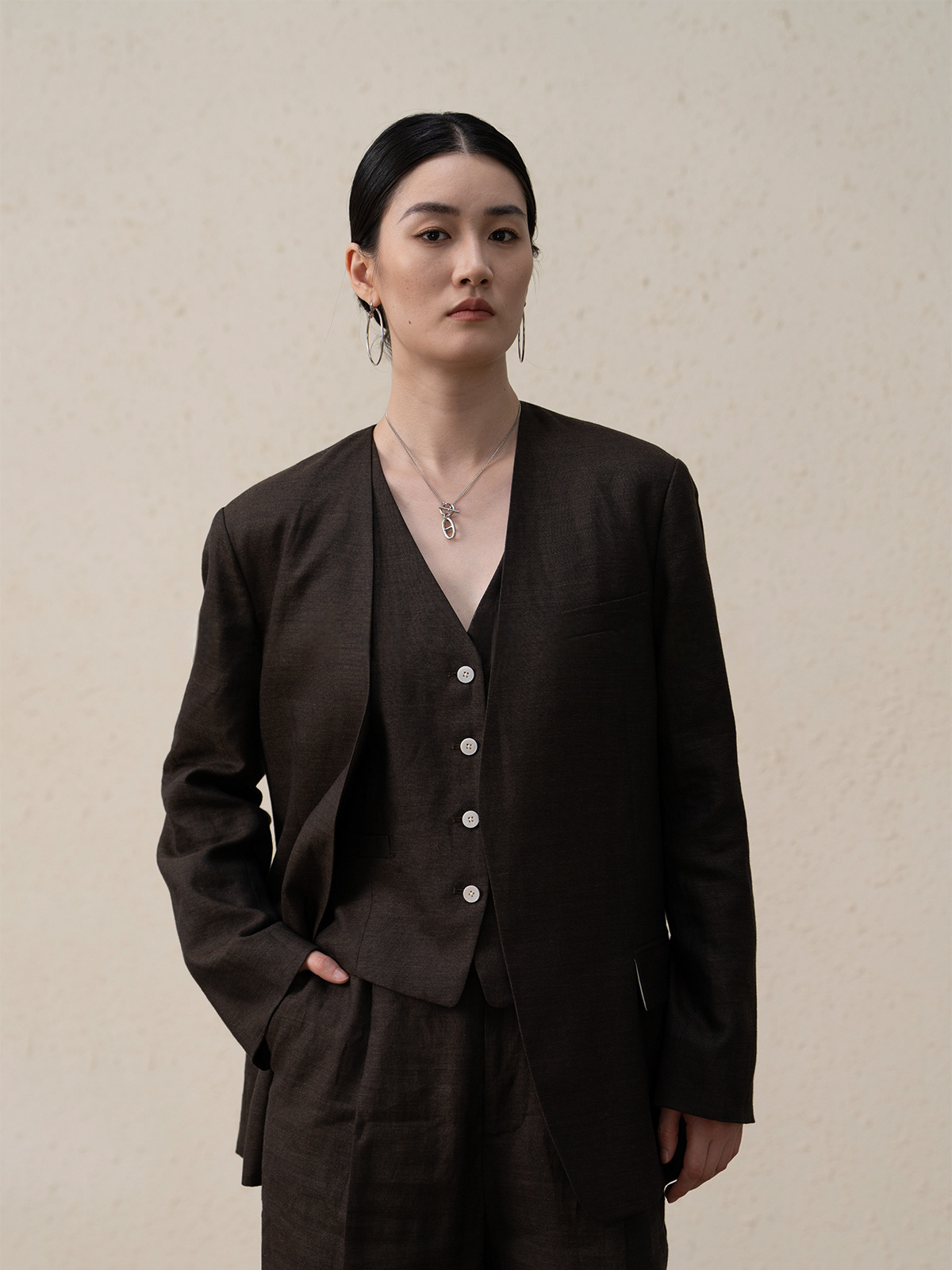 Premium Ramie Loose Oversized Suit Blazer and V-Neck Top