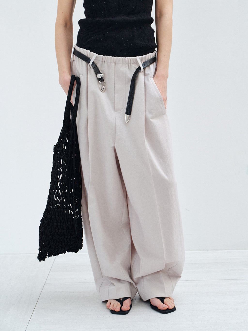 Wool Cotton Elastic Waist Straight Leg Baggy Pants