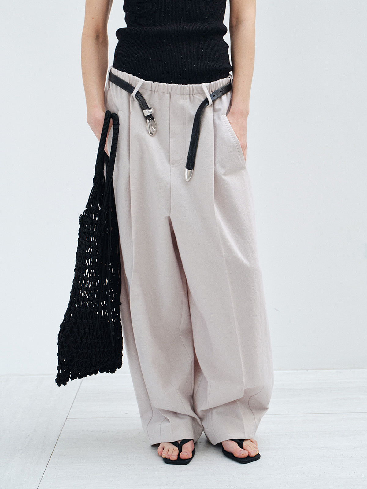 Wool Cotton Elastic Waist Straight Leg Baggy Pants