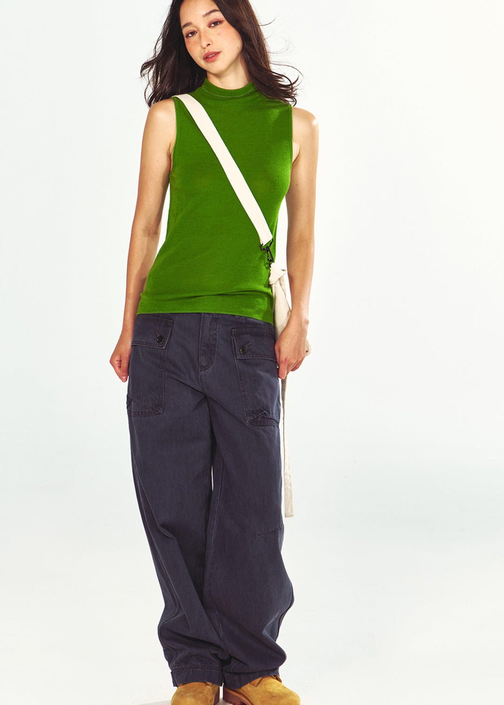Ultra-fine Wool Woven Mock Collar Knit Sleeveless Top
