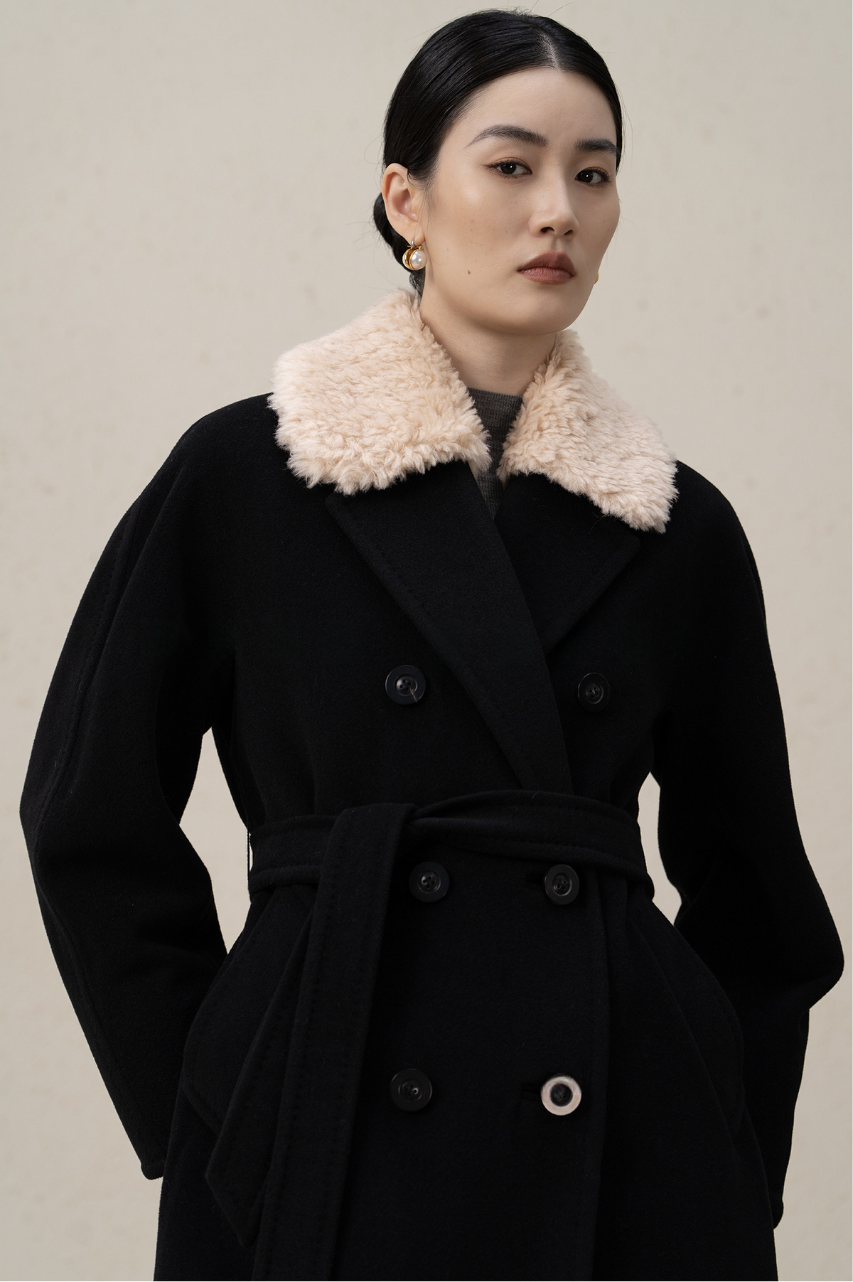 Double-Breasted Merino Wool & Cashmere Coat with Shearling Collar