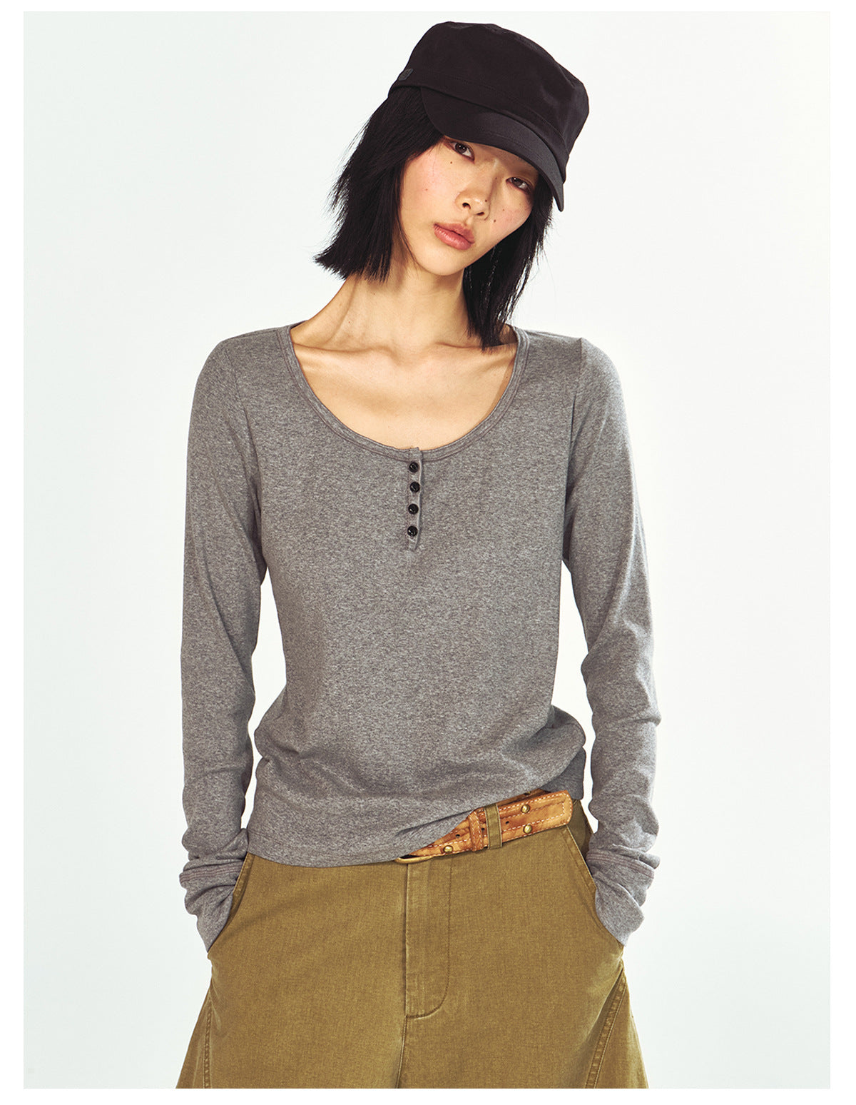 Skin-Friendly U-Neck Long Sleeve Shirt
