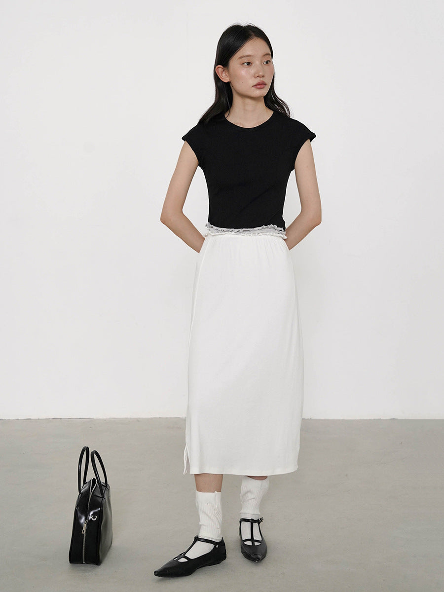 Soft Stretch Ruffled Elastic Waistband Midi Skirt