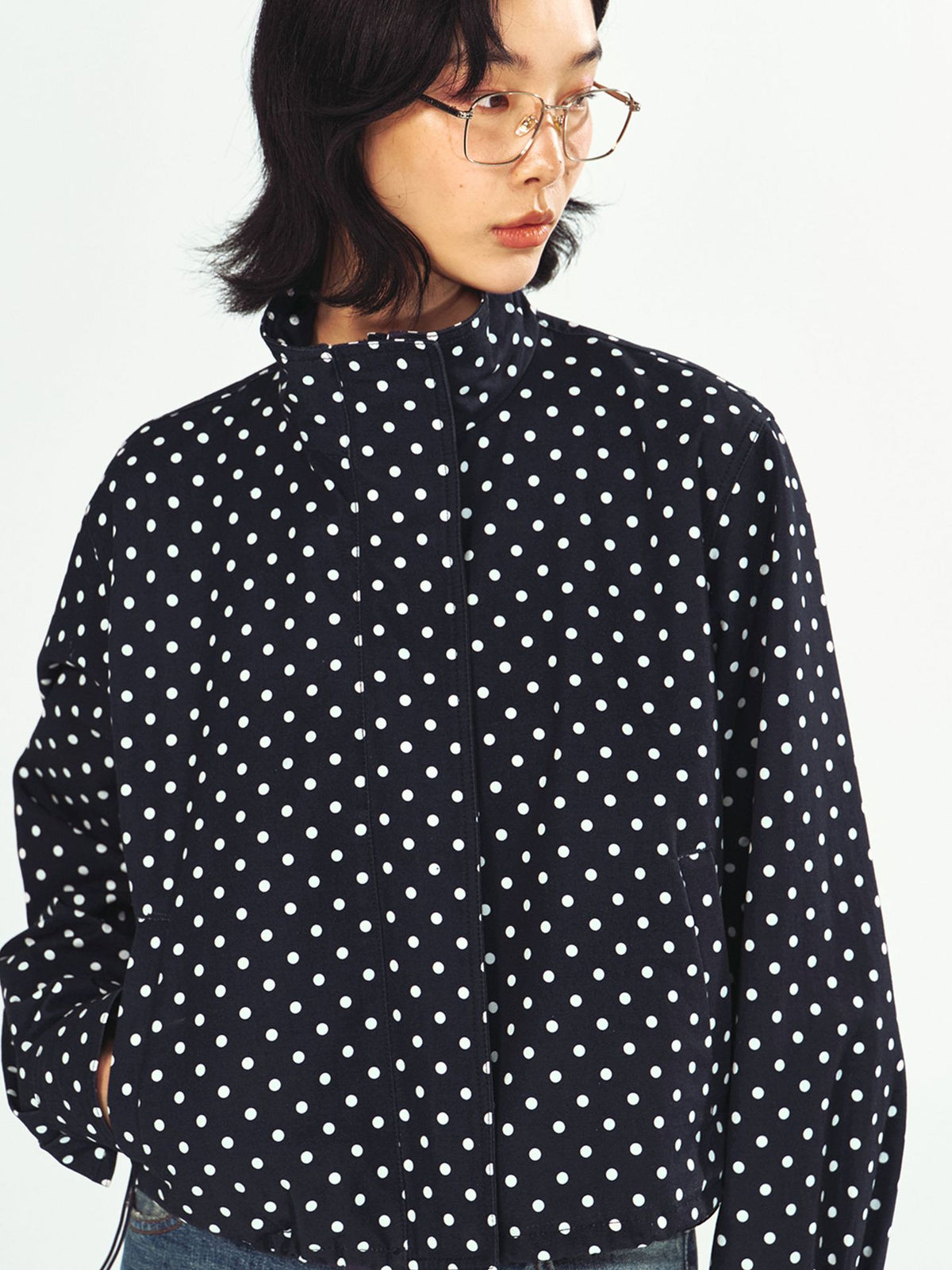 [Shishi Black Label] New Stand Collar Polka Dot Hem Cinched Drawstring Long Sleeve Zip-Up Jacket for Women V63217