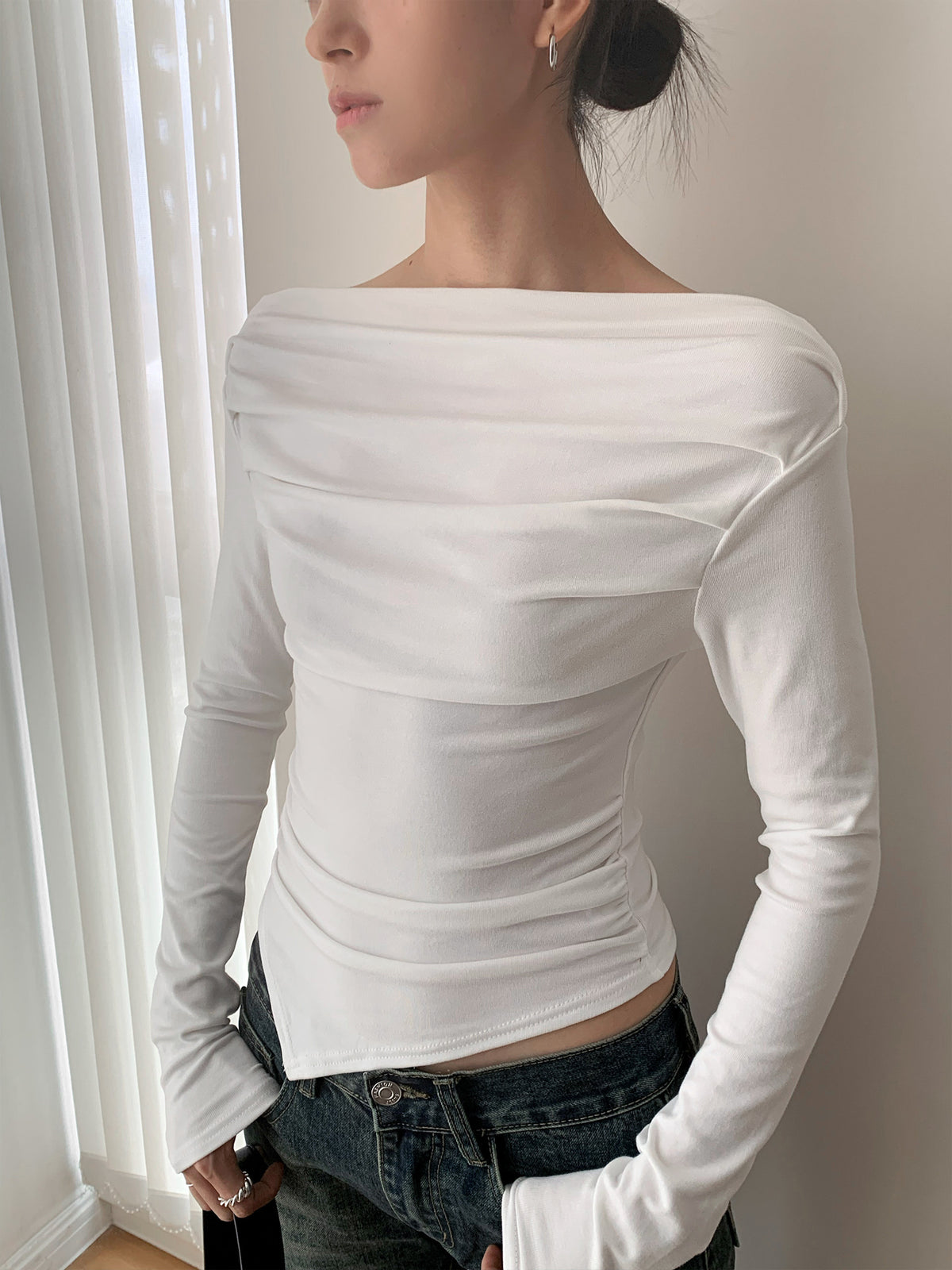 Off-Shoulder Boat Neck Ruched Long Sleeve Top