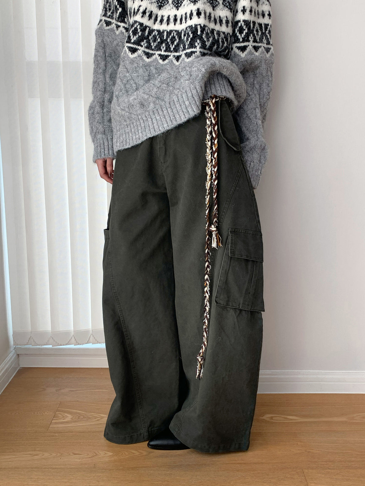 Baggy Wide Leg Cargo Pants with Angled Seam Detail