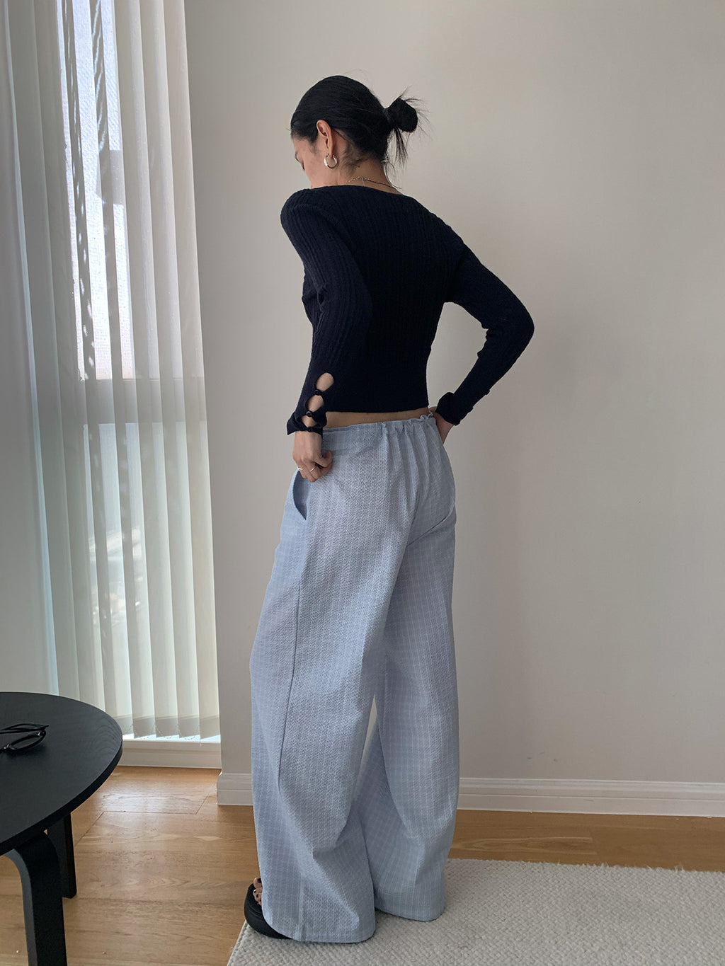 Drawstring Plaid Wide-leg Low-rise Pants