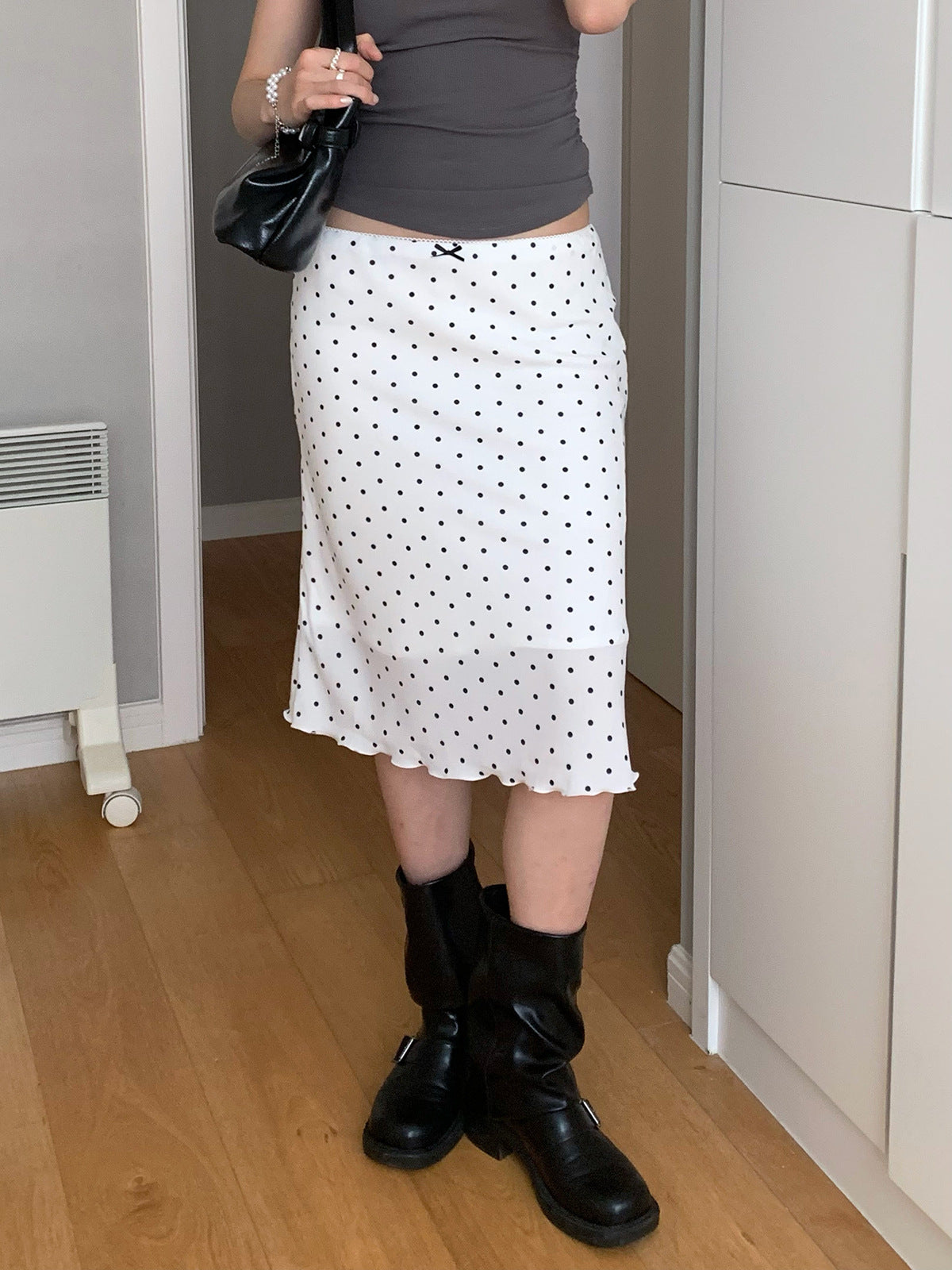 Black & White Polka Dots Low Waist Midi Skirt