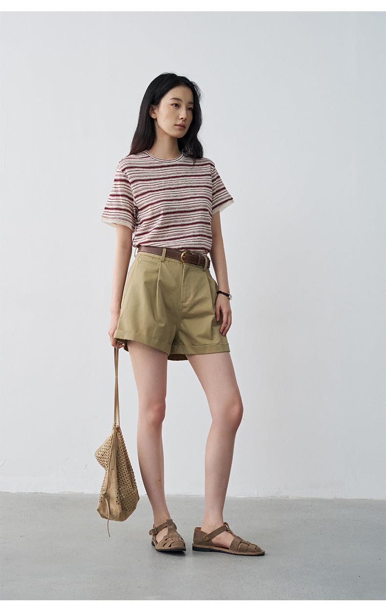 Pleated Mid-rise Rolled Edge Straight Leg Shorts