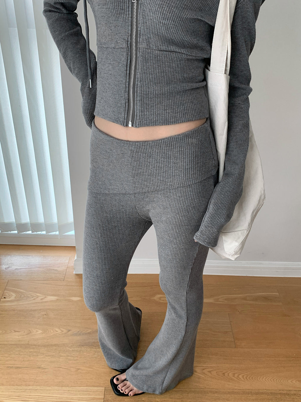 Ribbed Foldover Waist Flare Pants