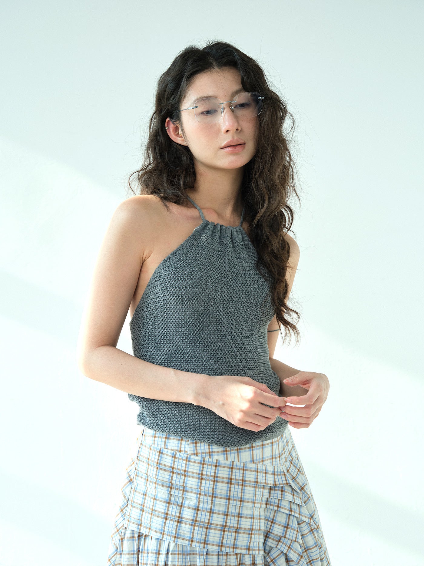 Backless Cotton Knit Drawstring Halter Neck Camisole Top