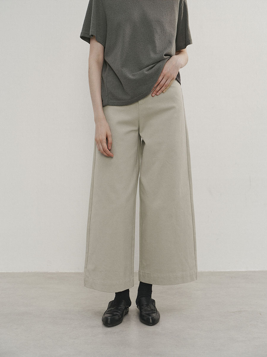 High-Waist Solid Color Cotton Slight Stretch Wide-Leg Cropped Pants