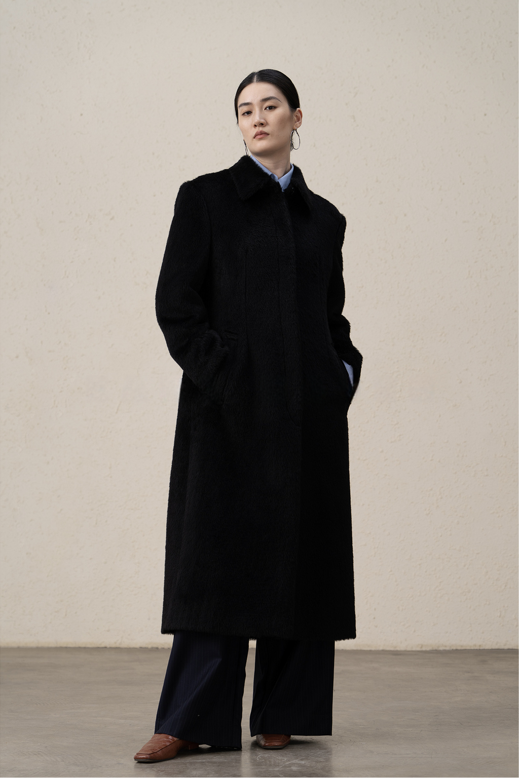 Suri Alpaca & Merino Wool Buttoned Shearling Long Coat