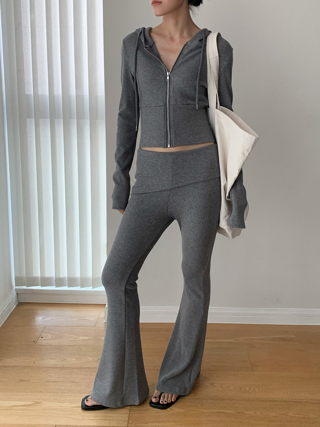 Ribbed Foldover Waist Flare Pants