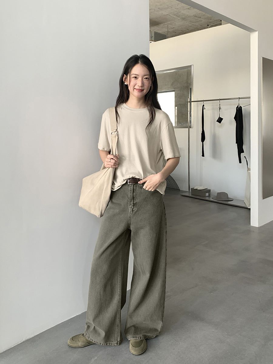 High-Waist Distressed Washed Wide-Leg Jeans
