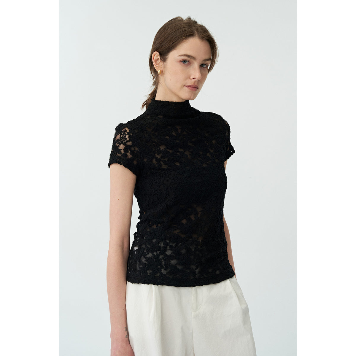 Lace Stand-collar Cut-out T-shirt Top