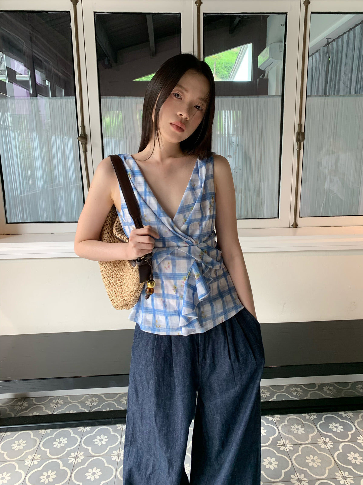 Plaid Wrap Tie Sleeveless Blouse