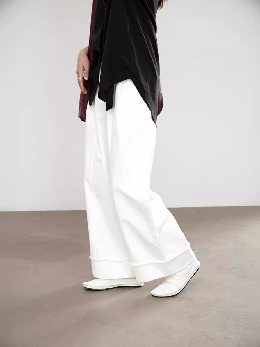 Versatile Frayed Wide-leg Pants with Belt