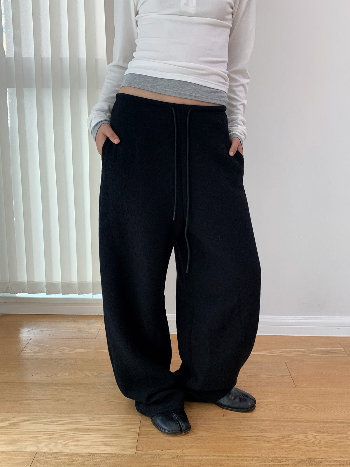 Drawstring Wide Leg Textured Sweatpants