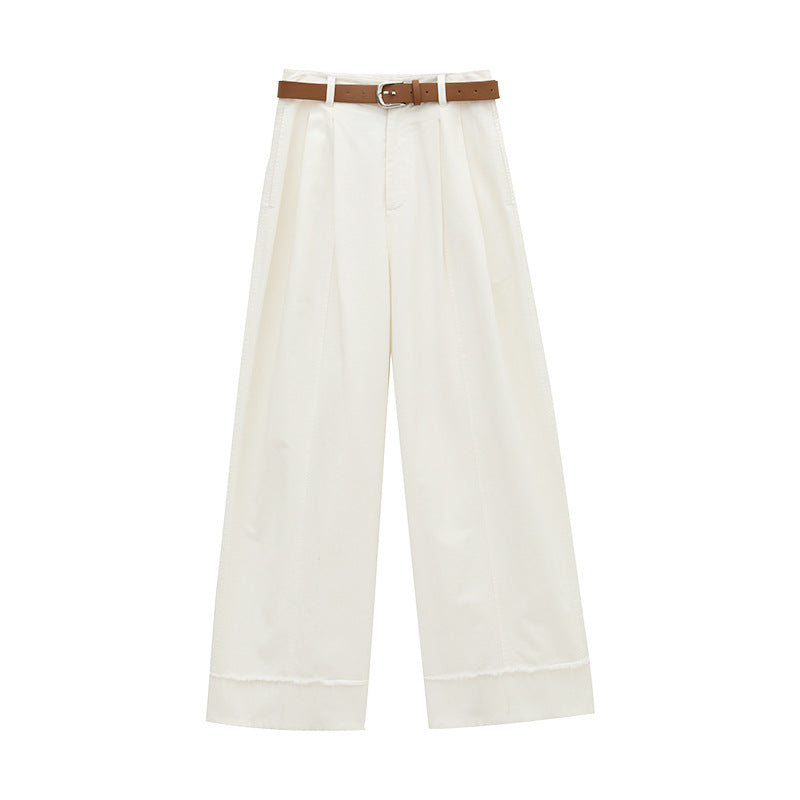Versatile Frayed Wide-leg Pants with Belt