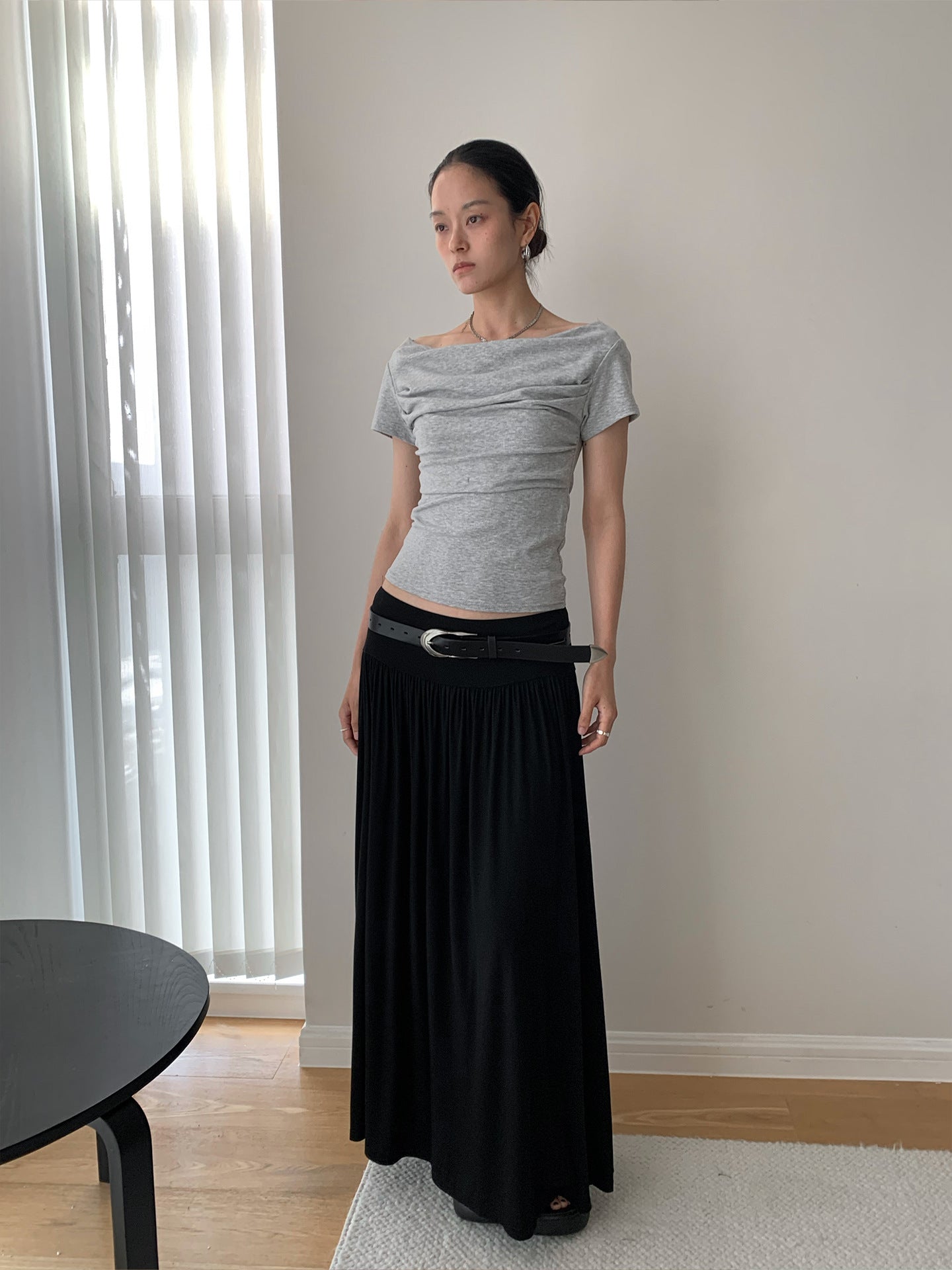 Draped Boat Neck Ruched Fitted T-Shirt