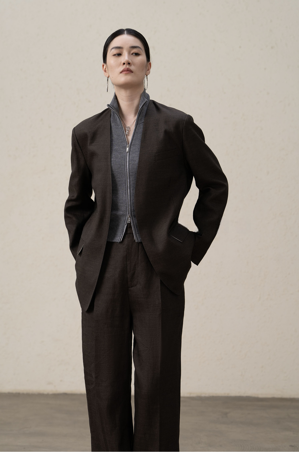 Premium Ramie Loose Oversized Suit Blazer and V-Neck Top