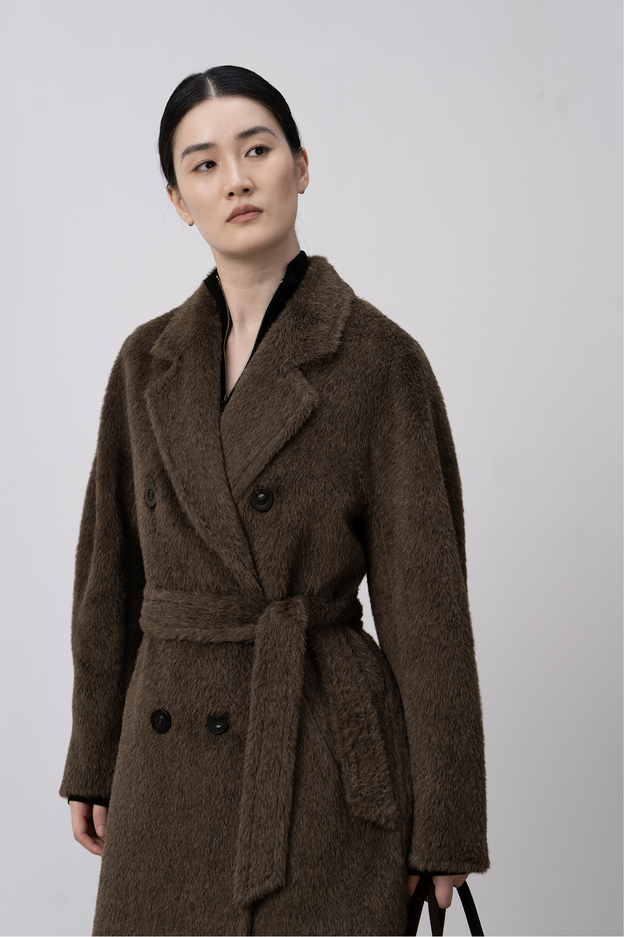 Merino Wool Fluffy Belted Long Coat