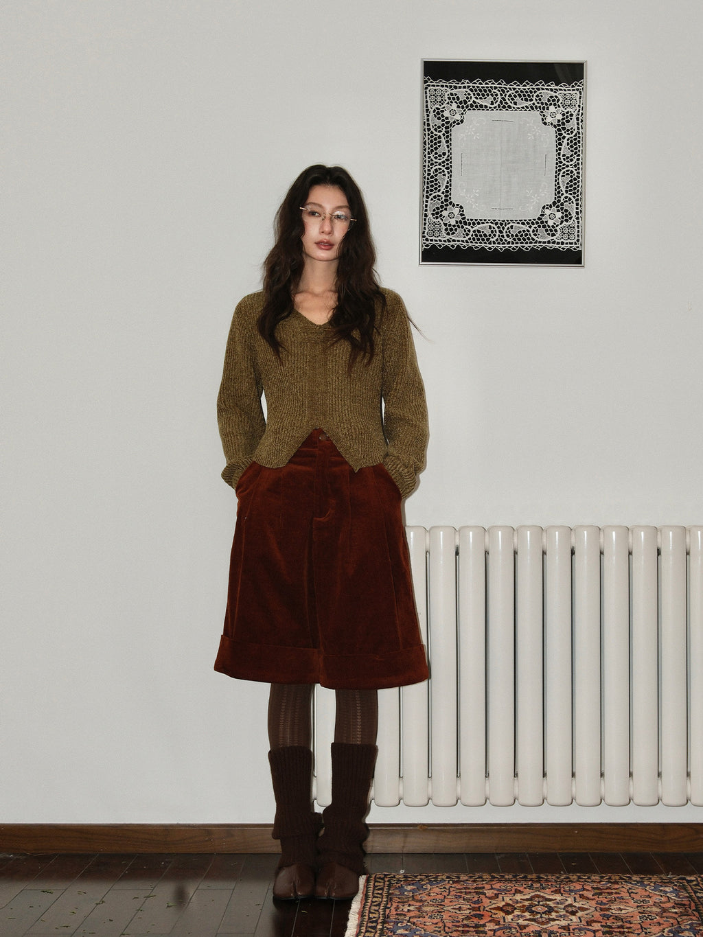 Frog Button V-Neck Striped Long-sleeve Slim-Fit Sweater