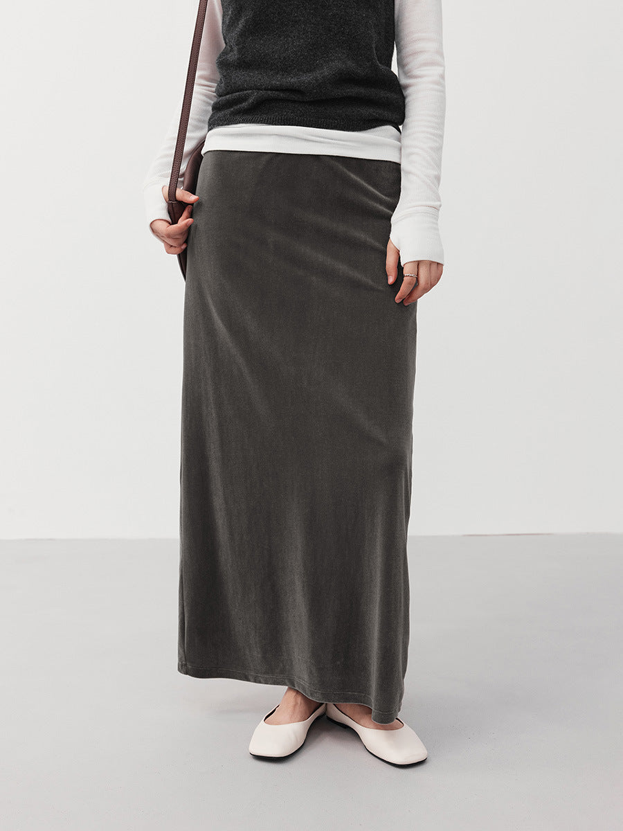 Soft Drape Velvet Straight Midi Skirt