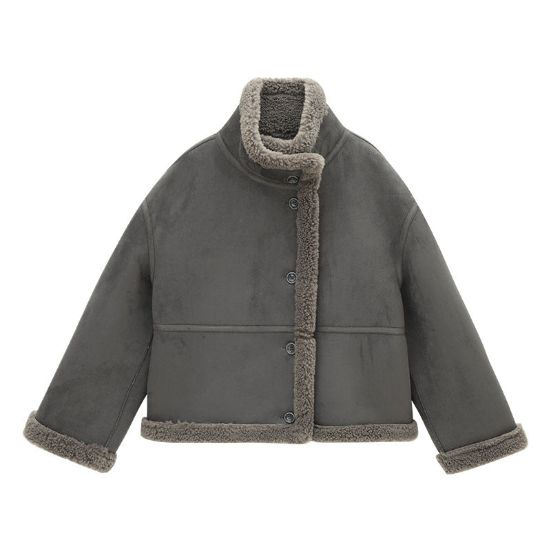 Stand Collar Faux Fur Smooth Coat