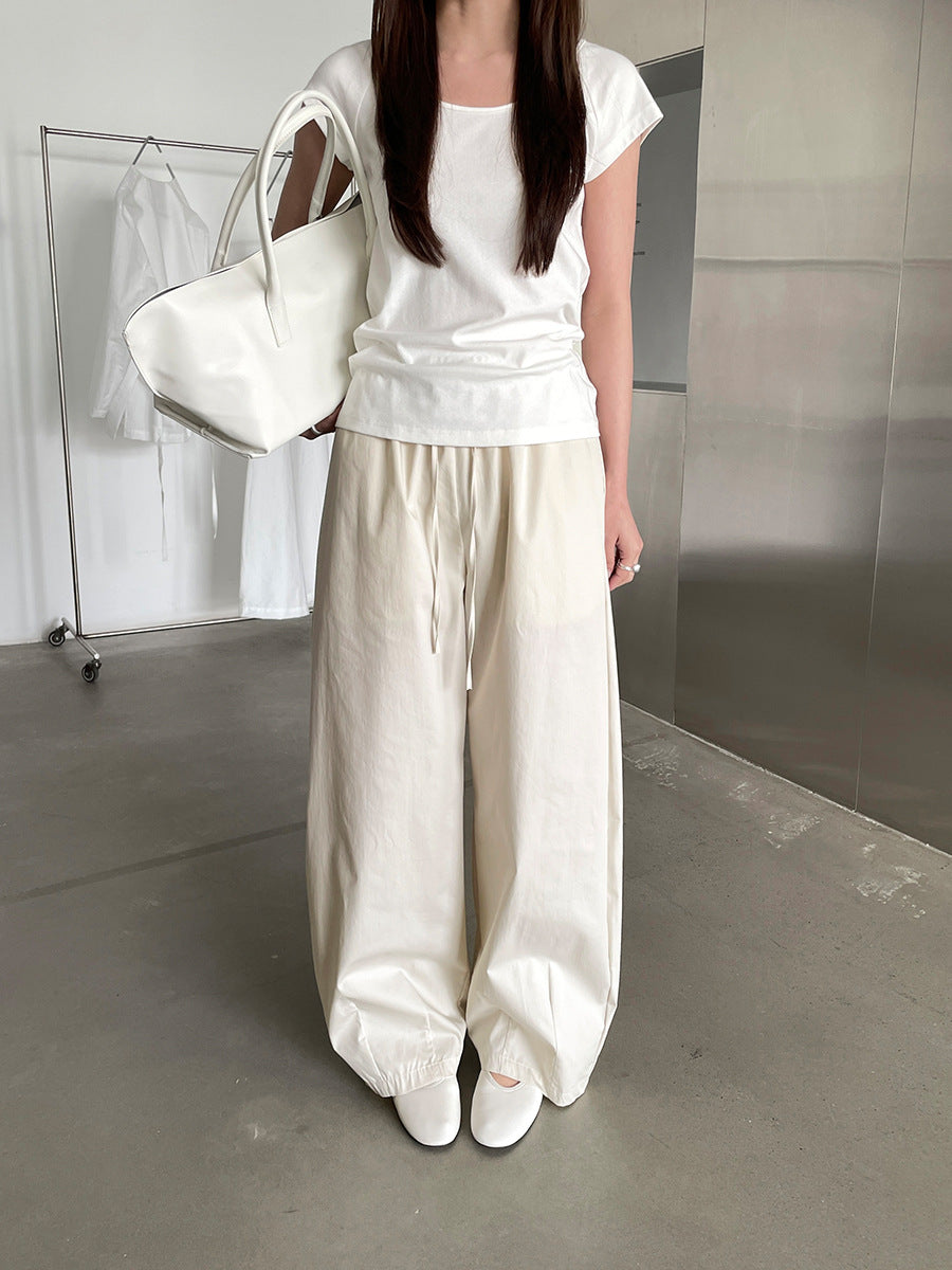 Versatile Drawstring Wide-Leg Curved Pants