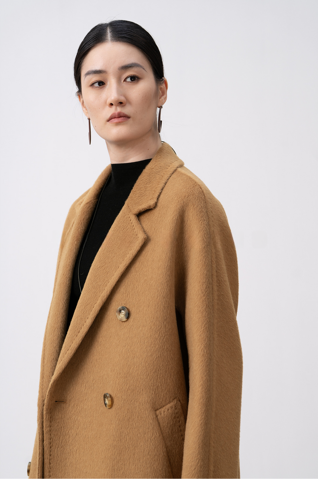 100% Camel Hair Velvet Double-Row Mid-Length Coat