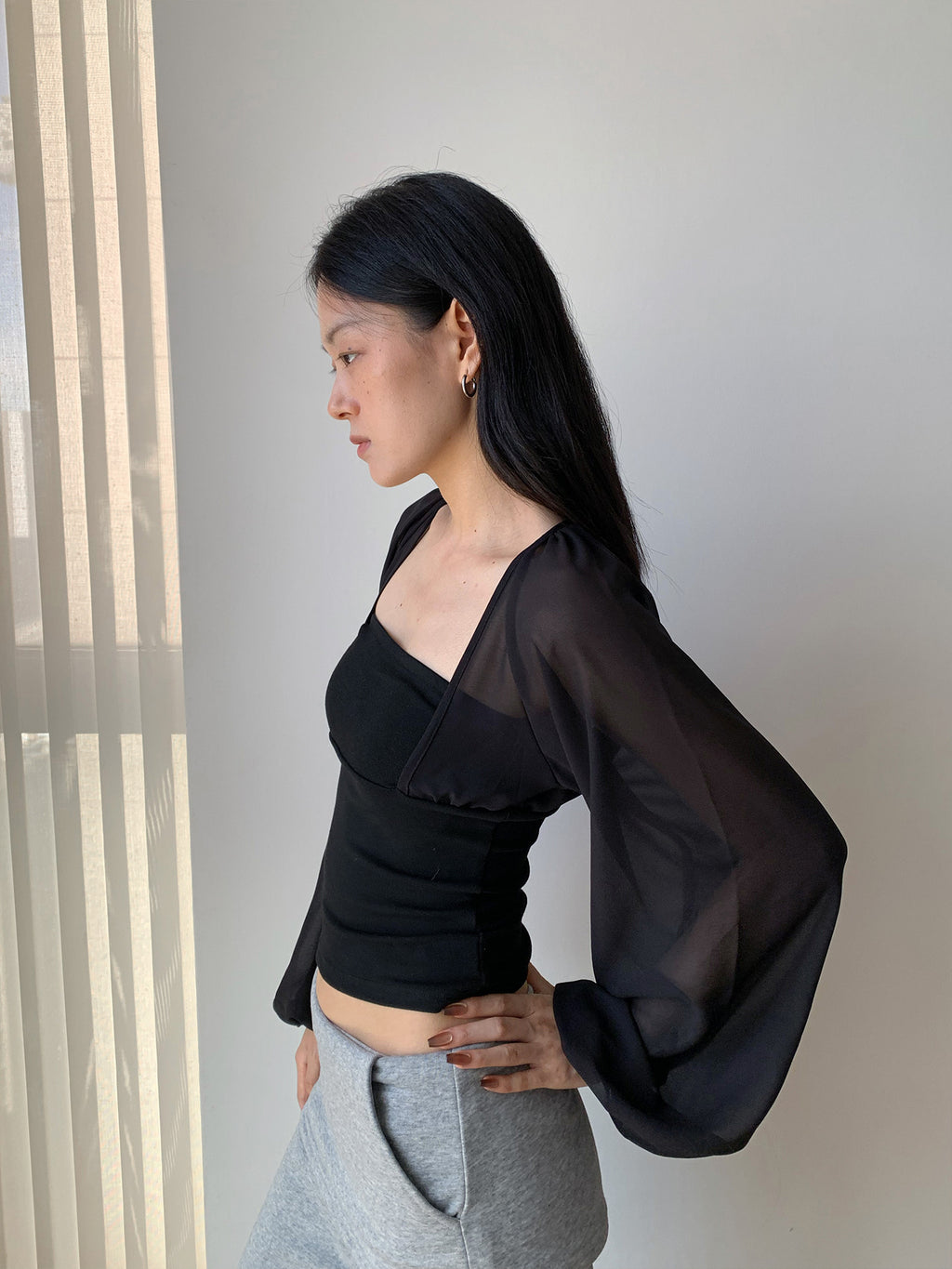 Mesh Lantern Long Sleeve Square Neck Top