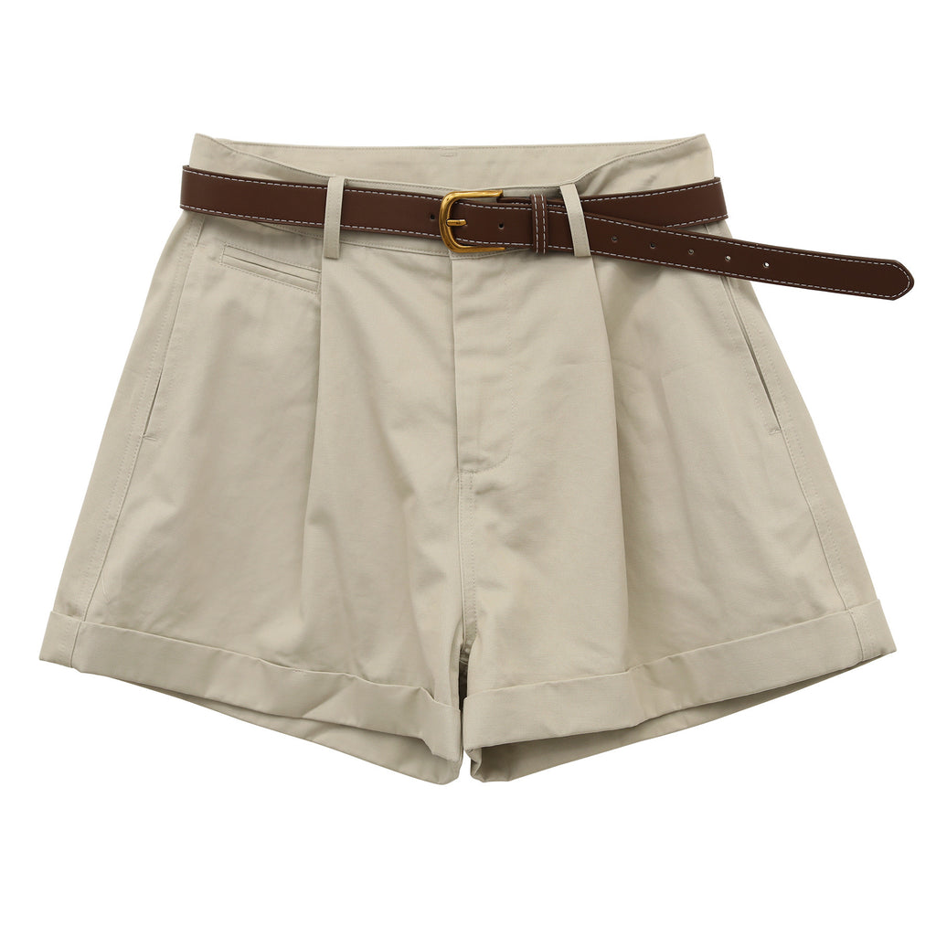 Pleated Mid-rise Rolled Edge Straight Leg Shorts