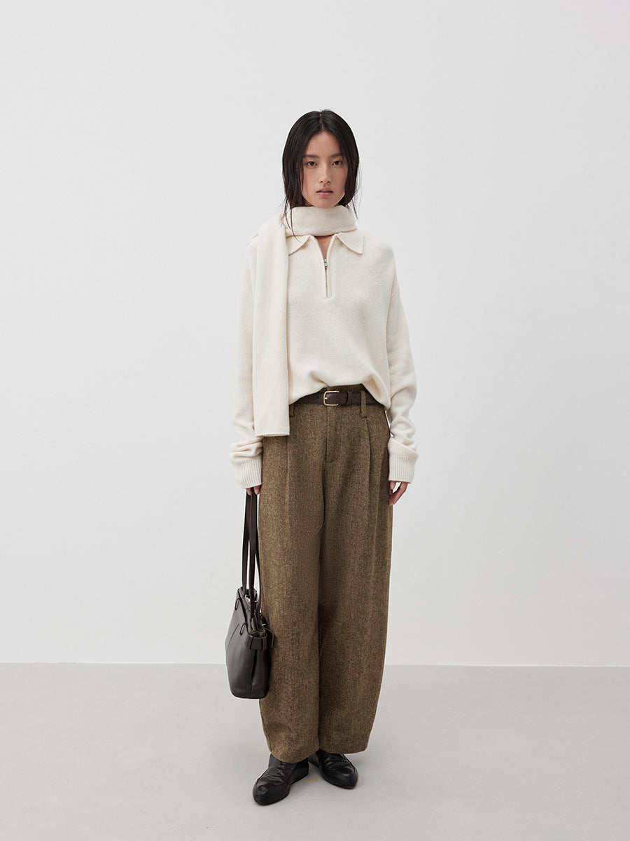 Smooth Minimalist Tweed Style Wool Pants with Belts