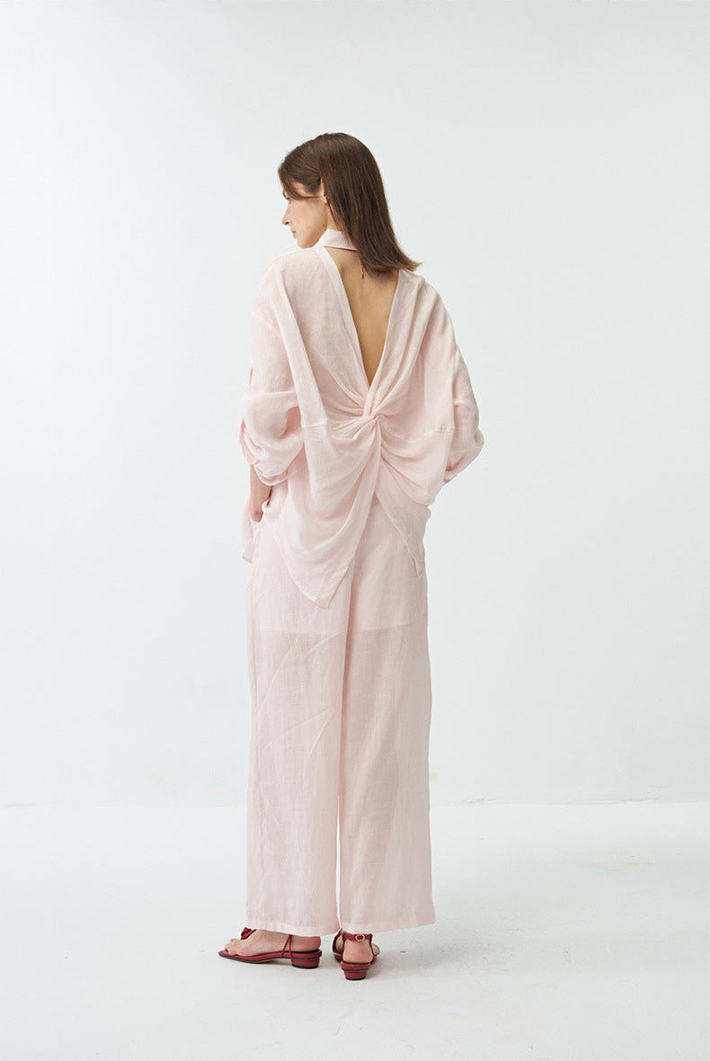 Butterfly Twisted Hollow Back Sheer Linen Shirt