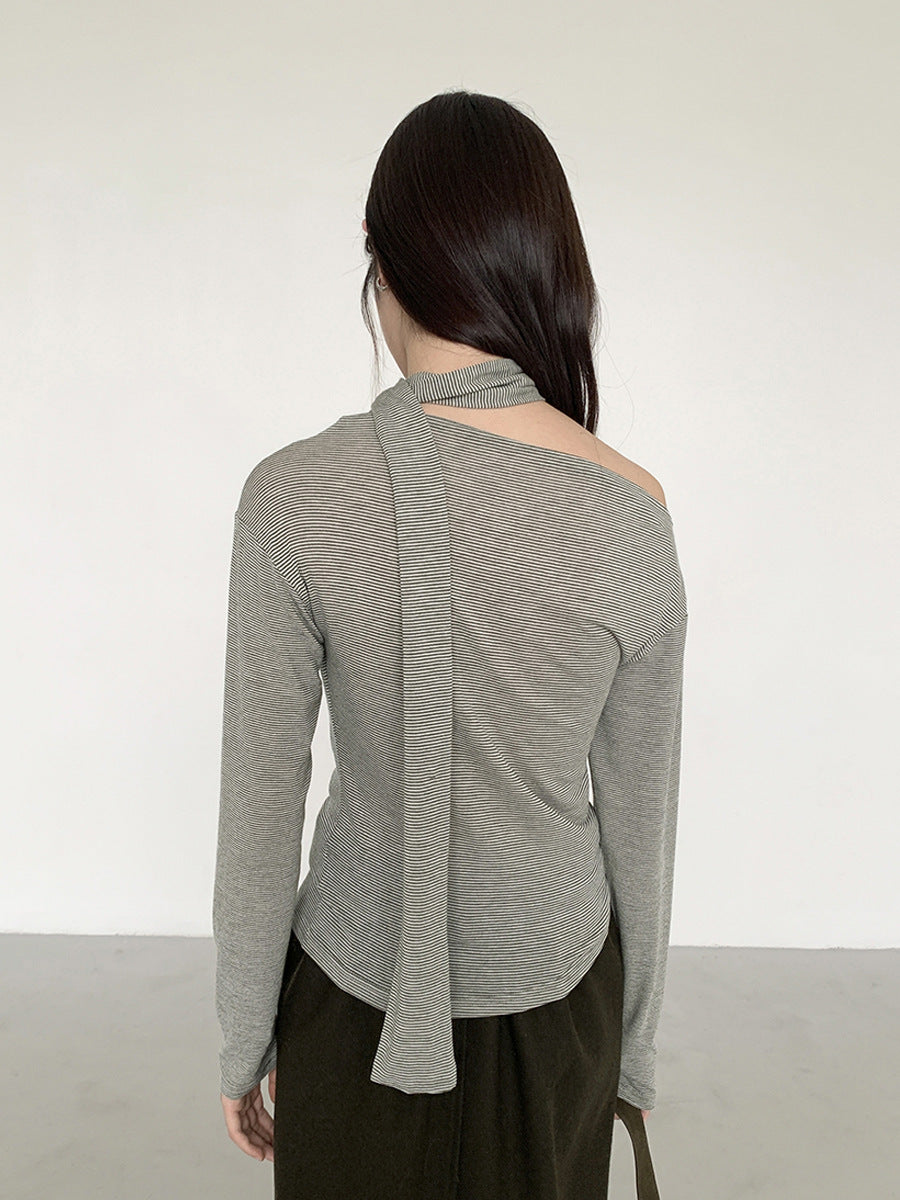Asymmetric Off-Shoulder Draped Knit Top with Scarf