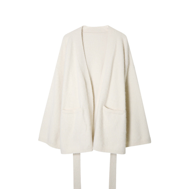 White Soft Fleece Mid-Thigh Long Cardigan Sweater Robe on a white background