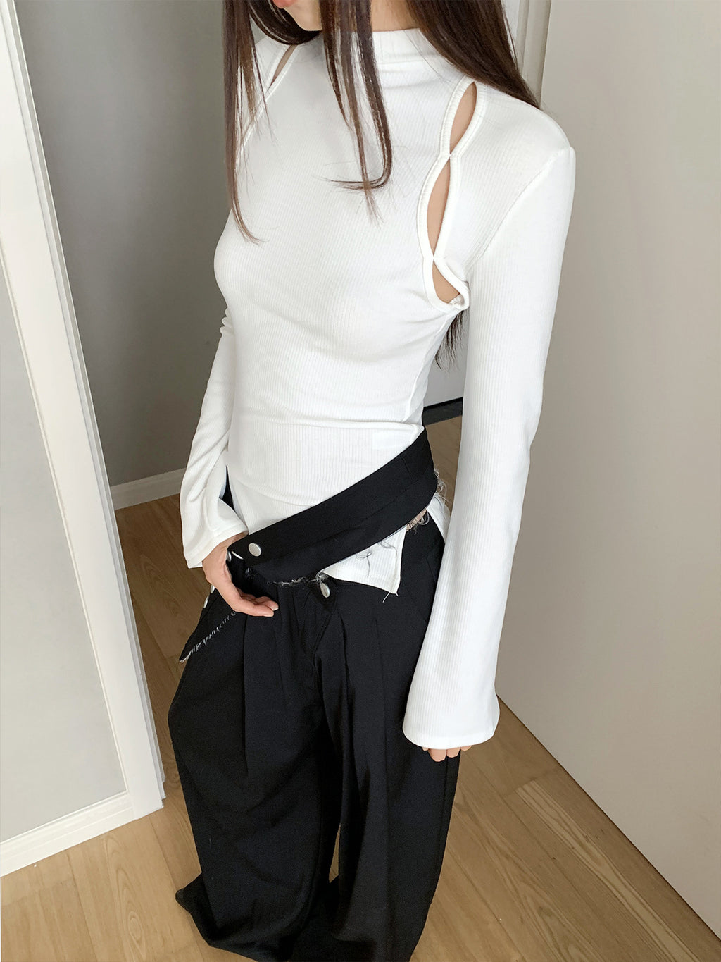 Mock Neck Ribbed Long Sleeve Cutout Top