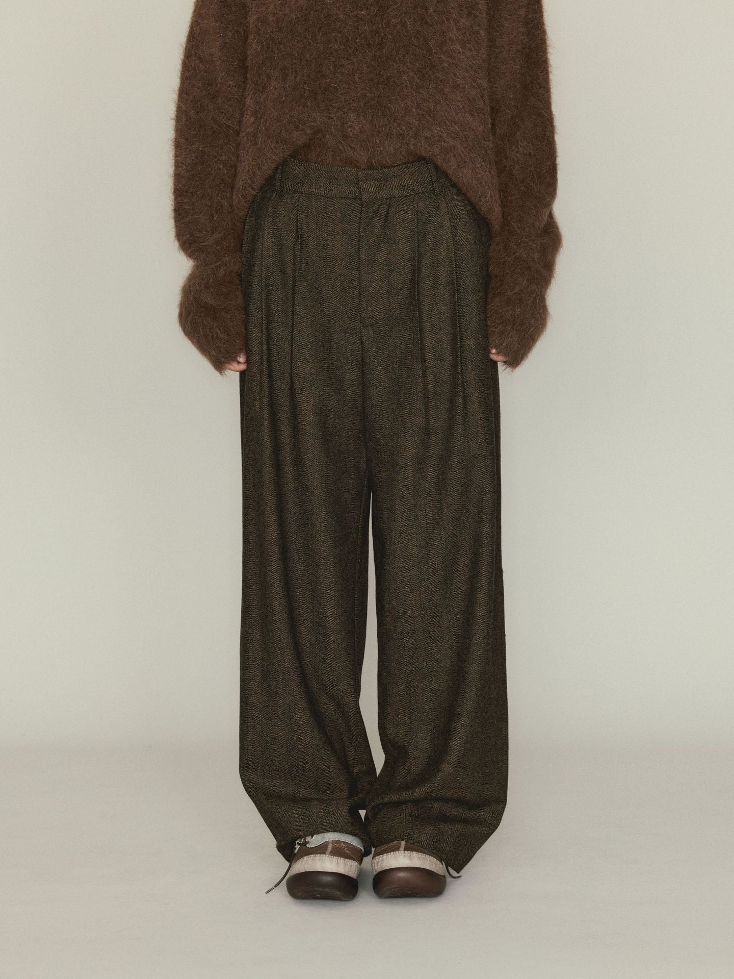 Versatile Herringbone Wool Blend Low-waisted Casual Trousers