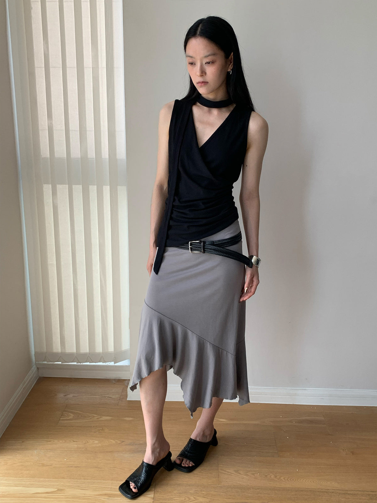 Halter-neck Off-Shoulder Thin Knit Ribbed Cross V-Neck Tank Top