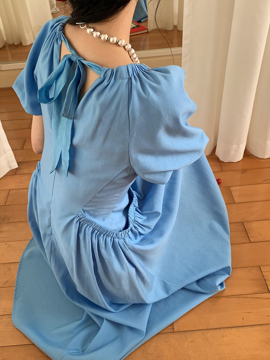 V-Neck Puffy Dress with Large Pockets