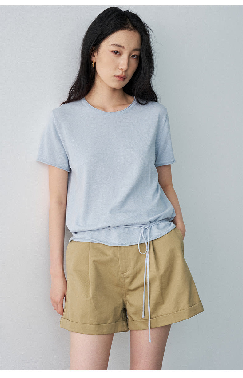 Pleated Mid-rise Rolled Edge Straight Leg Shorts