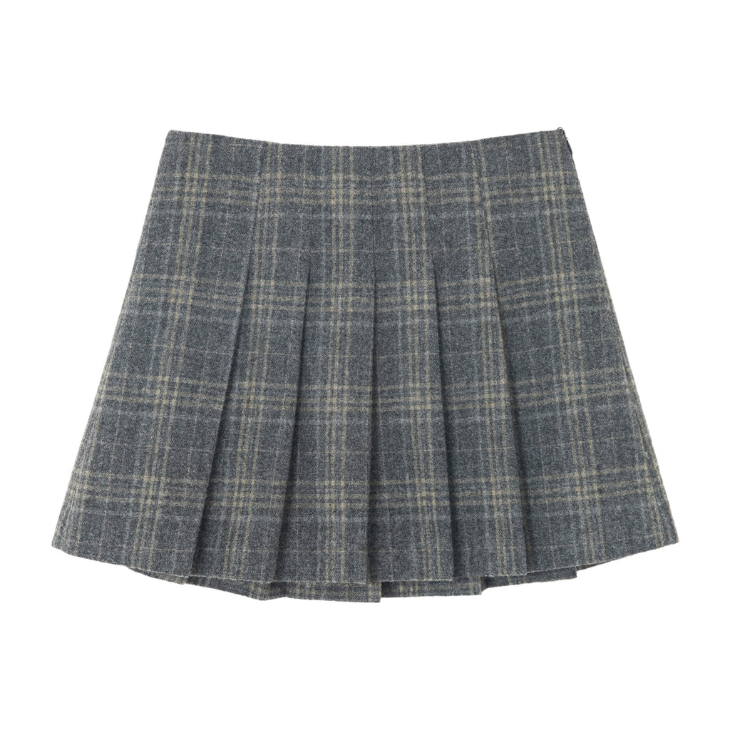 Wool Vintage Style Plaid Pleated Short Skirt
