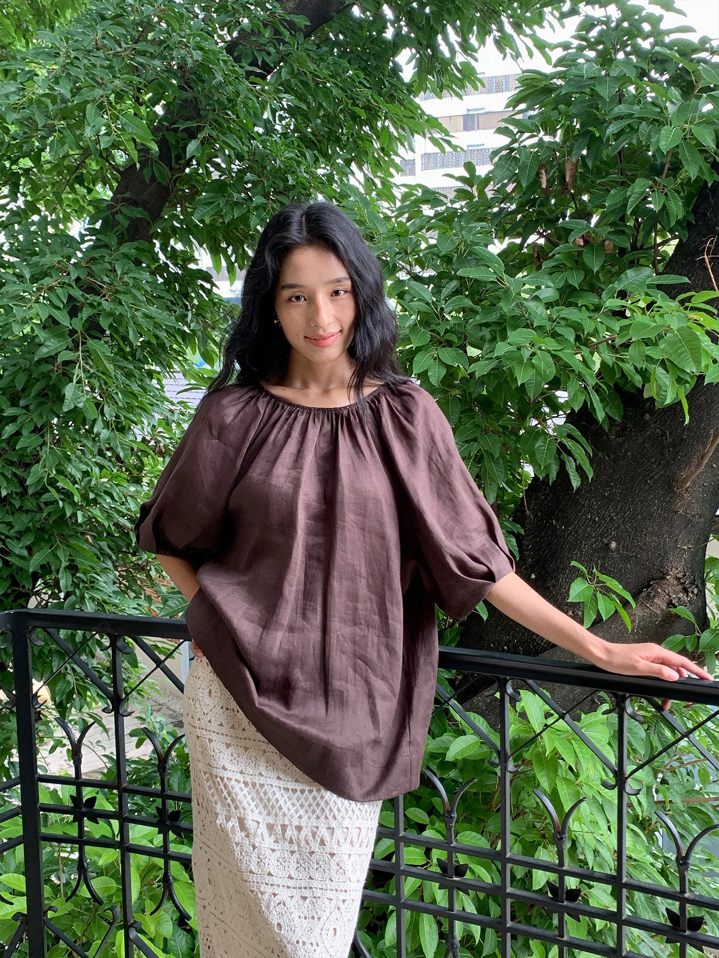 Round Neck Long-sleeve Hollow-out Embroidered Breathable Linen Shirt