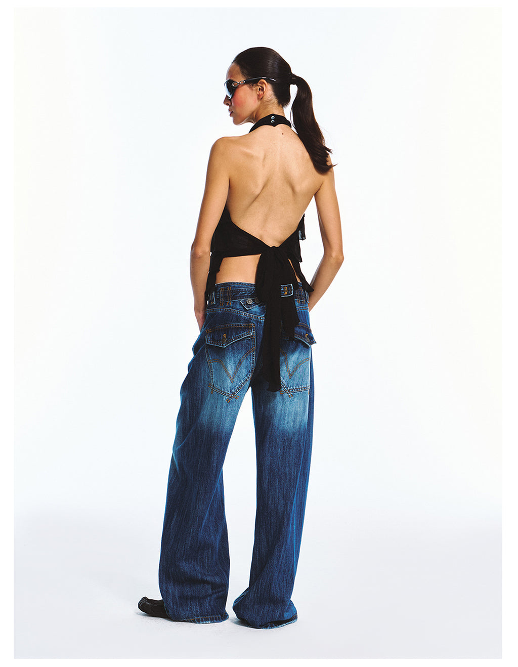 Double Crepe Lace Sleeveless Backless Halter Neck Top